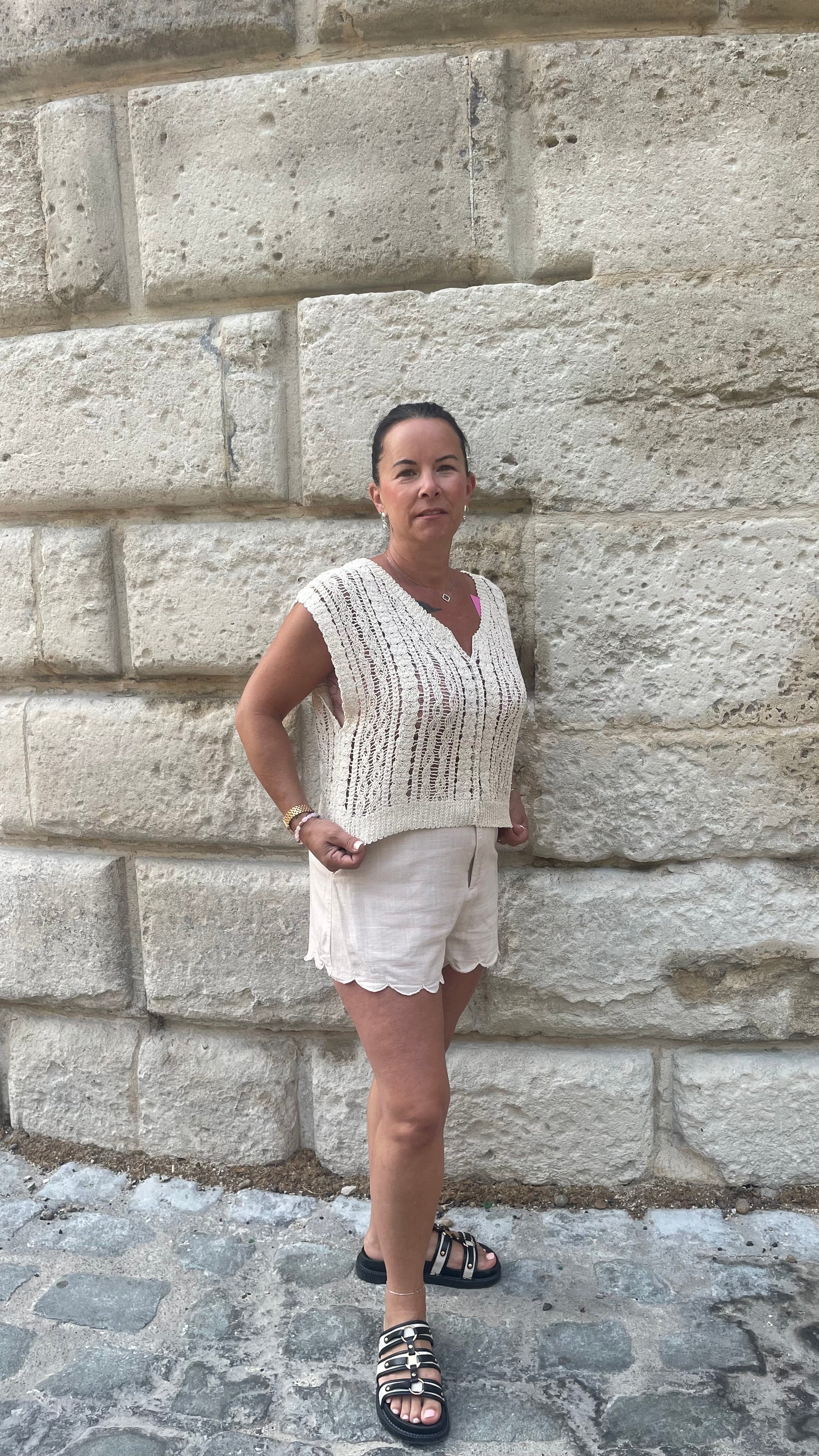 Top crocher col V beige