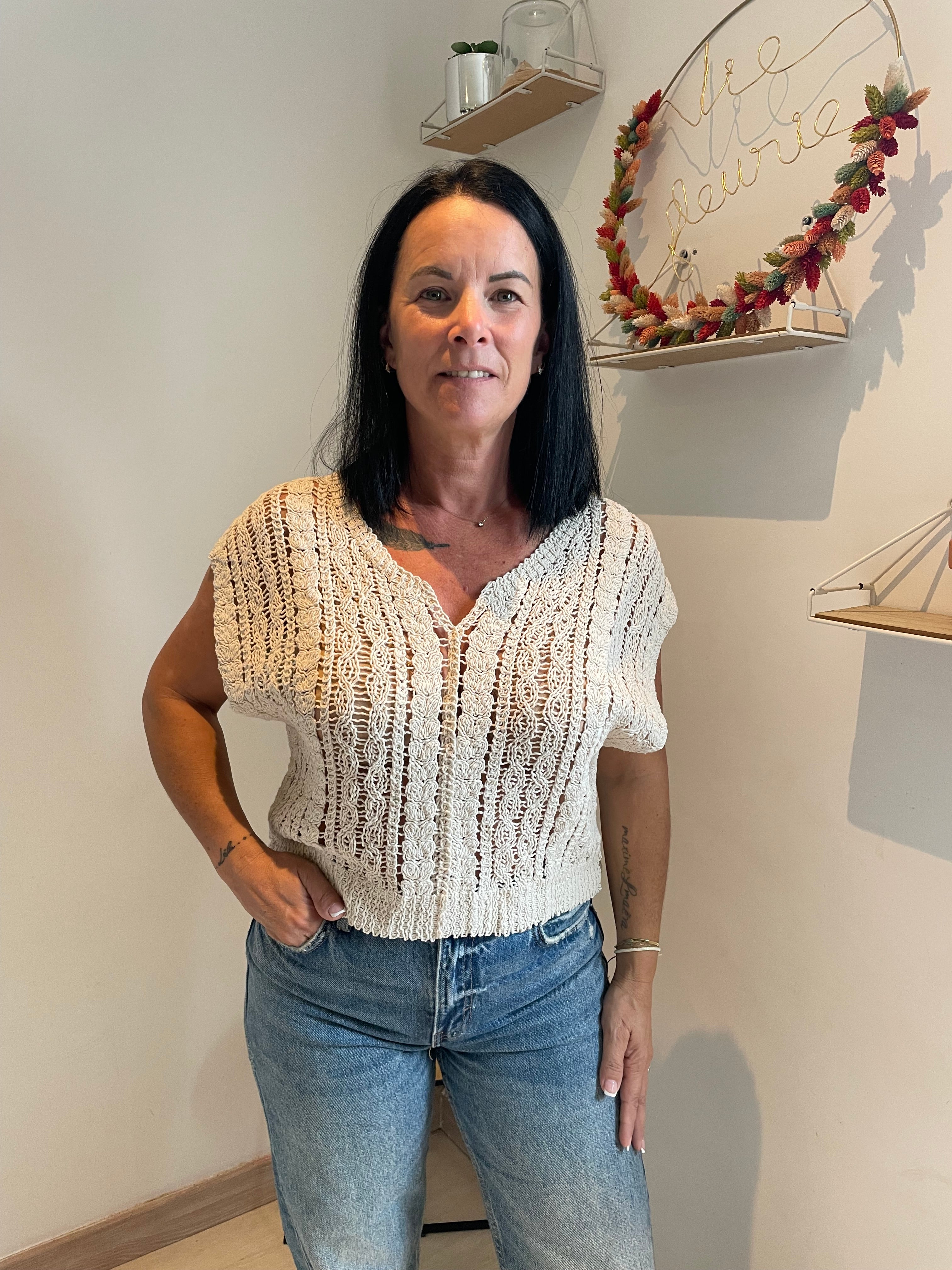 Top crocher col V beige