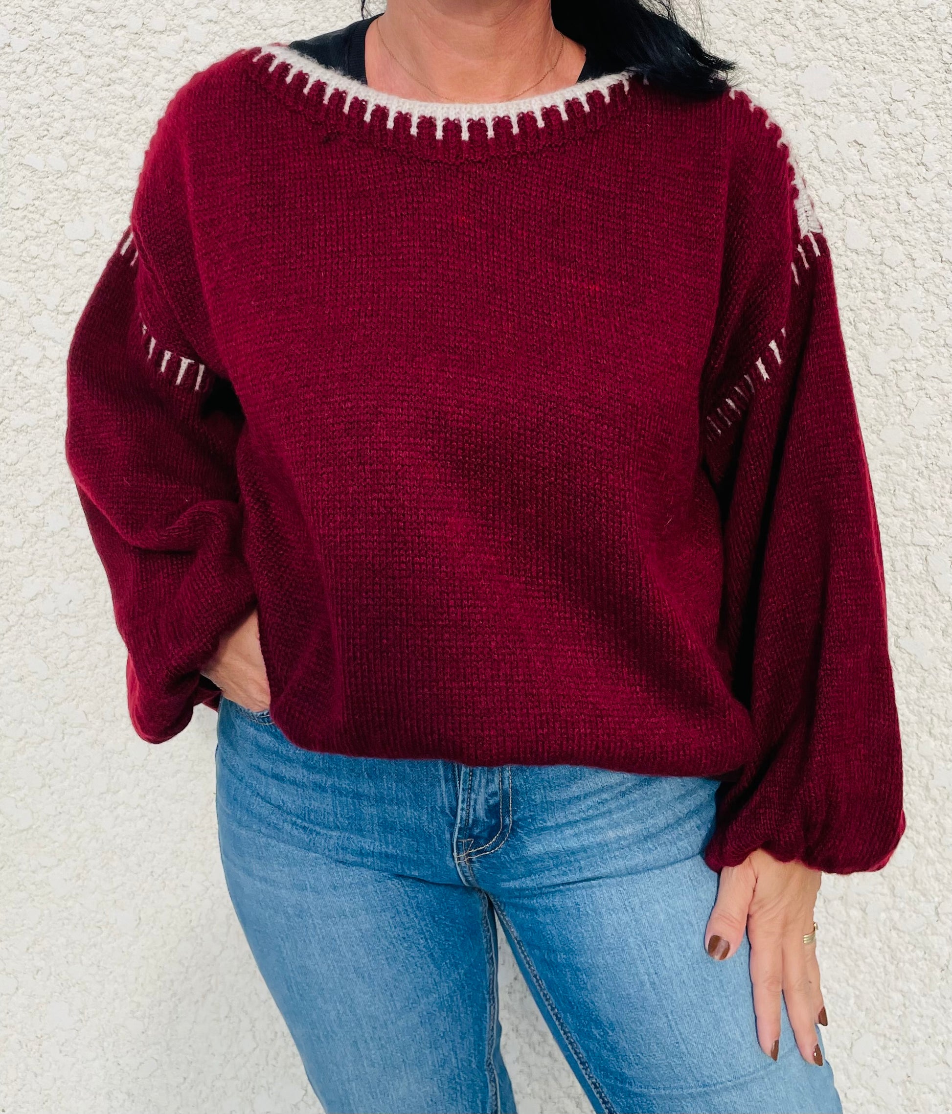 Pull À Bordures Bordeaux