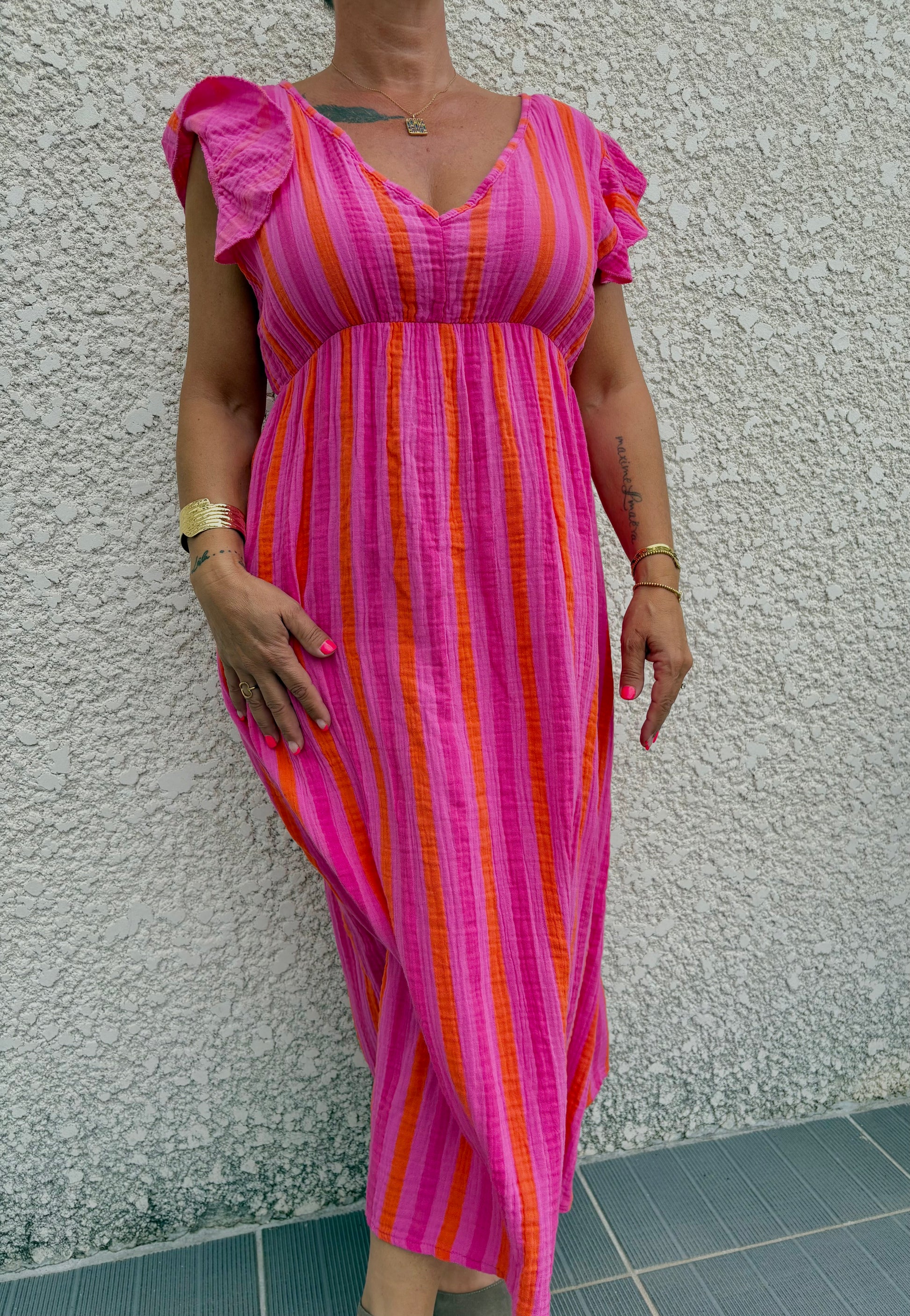 Robe gaz de coton rose rayé