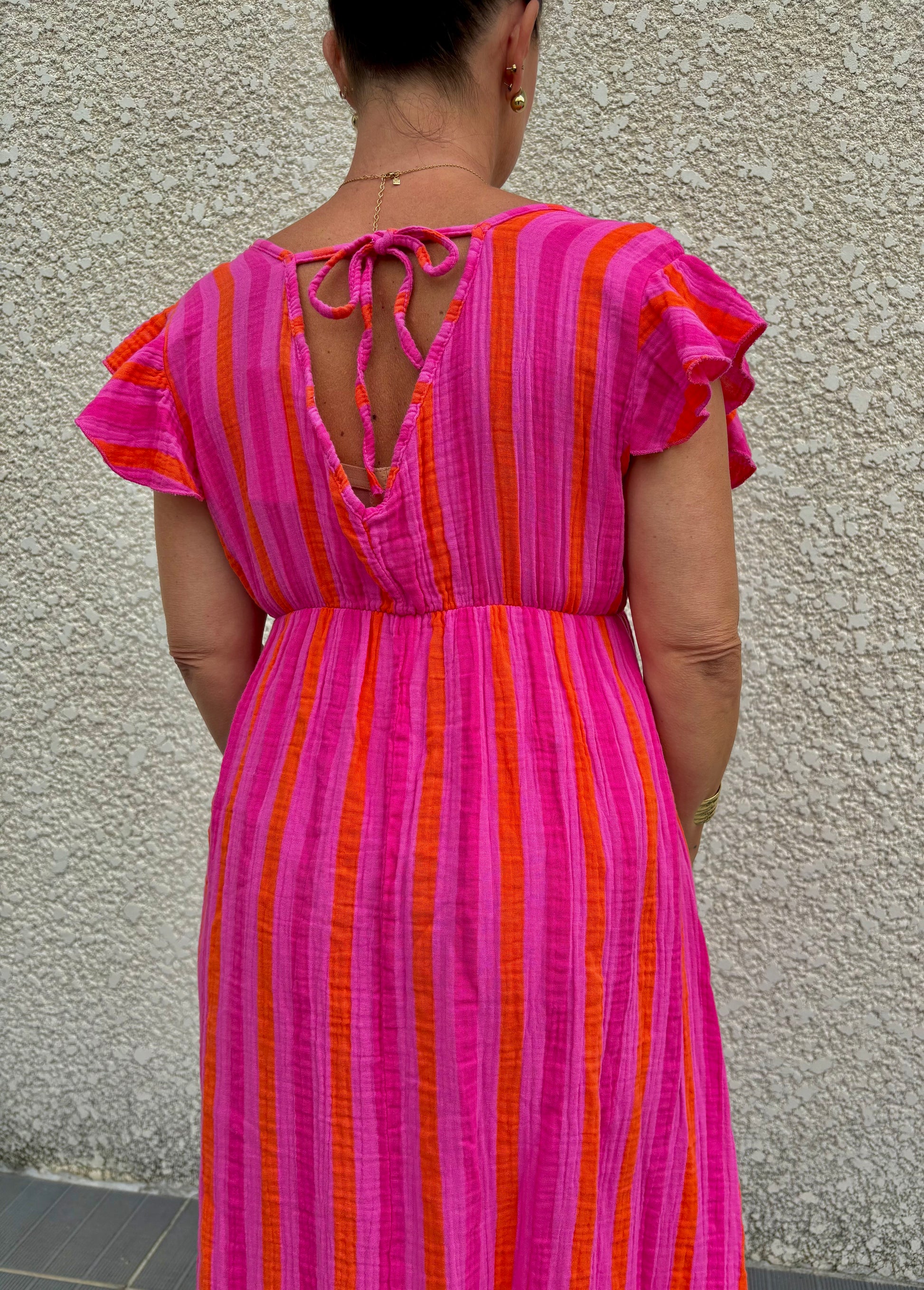 Robe gaz de coton rose rayé