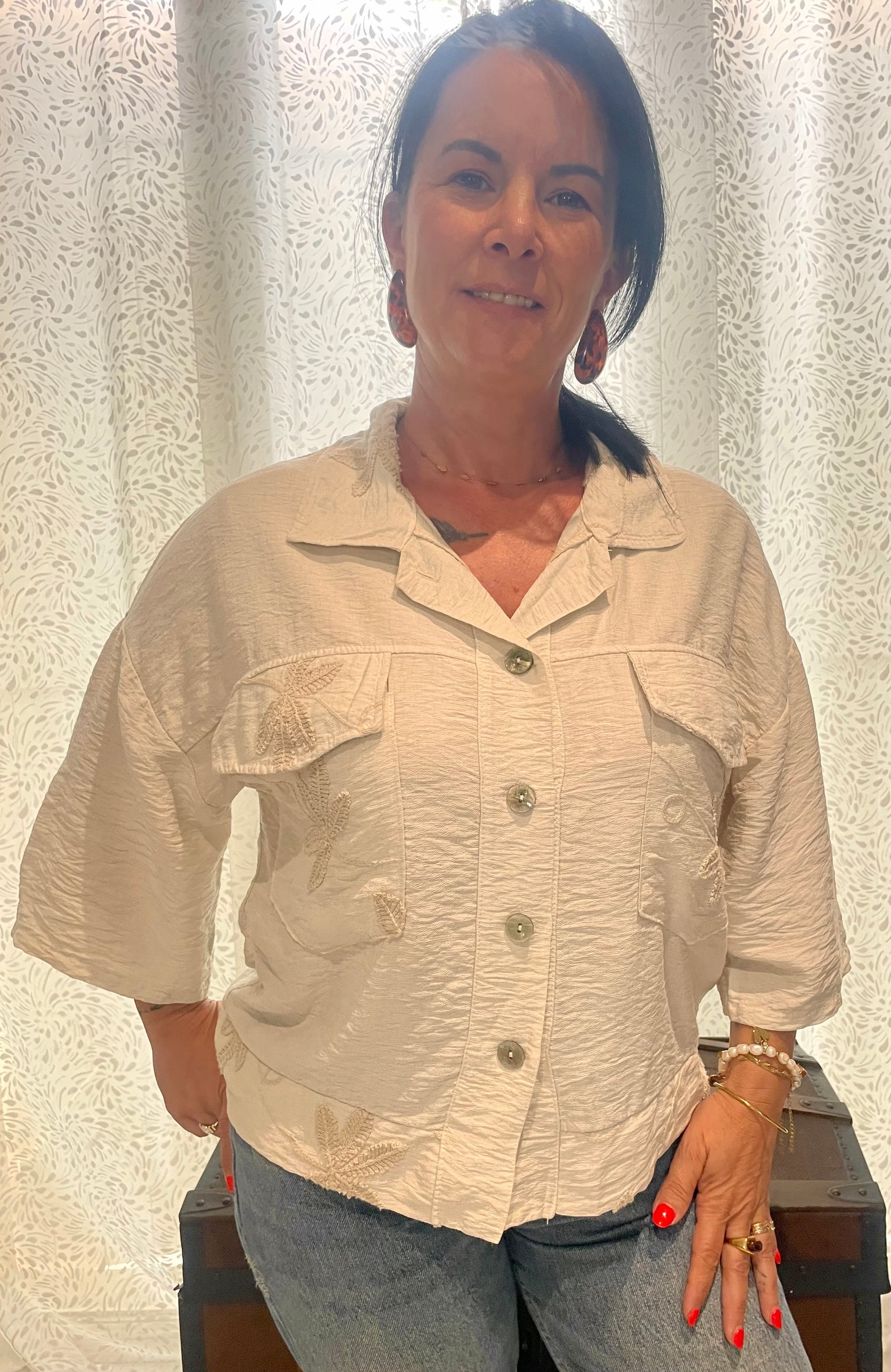 Veste Manches 3/4 Détails Broderie Fleurie