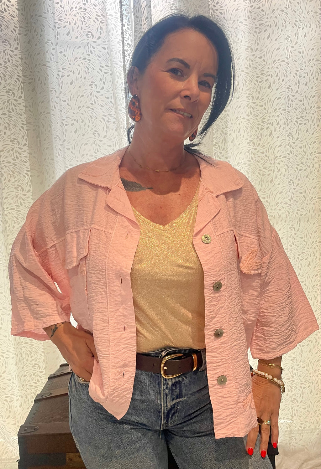 Veste Manches 3/4 Détails Broderie Fleurie