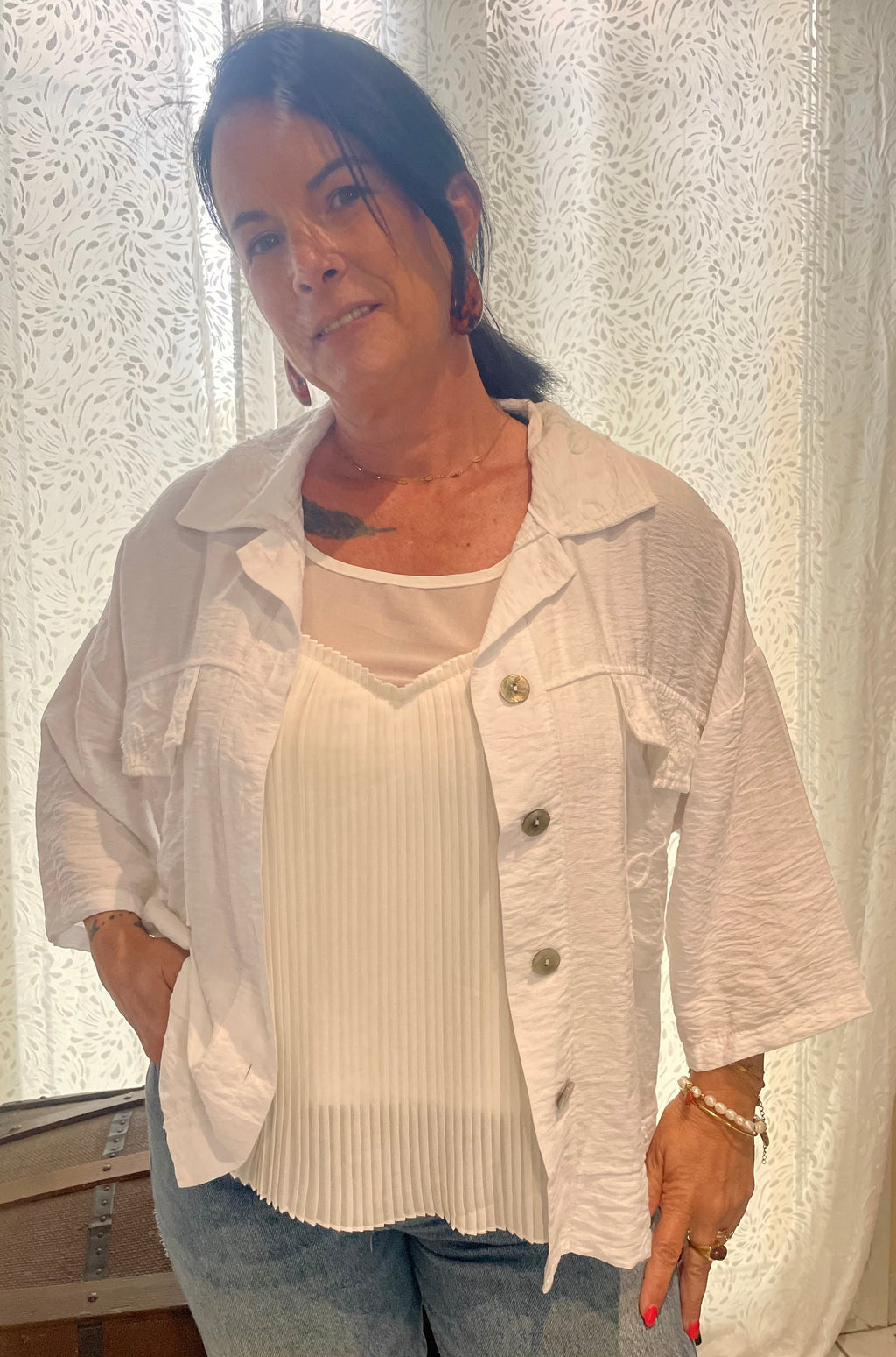 Veste Manches 3/4 Détails Broderie Fleurie