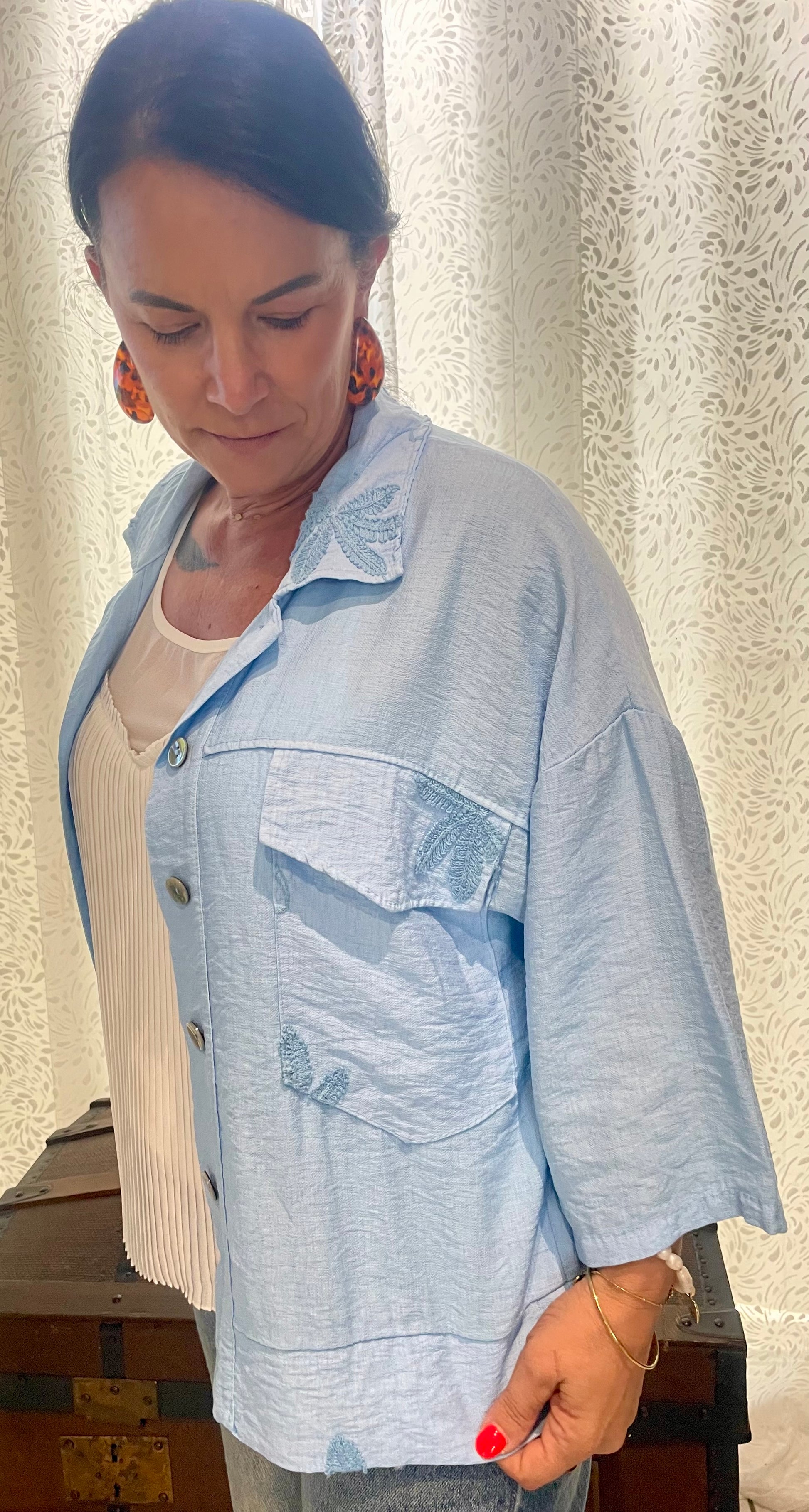 Veste Manches 3/4 Détails Broderie Fleurie